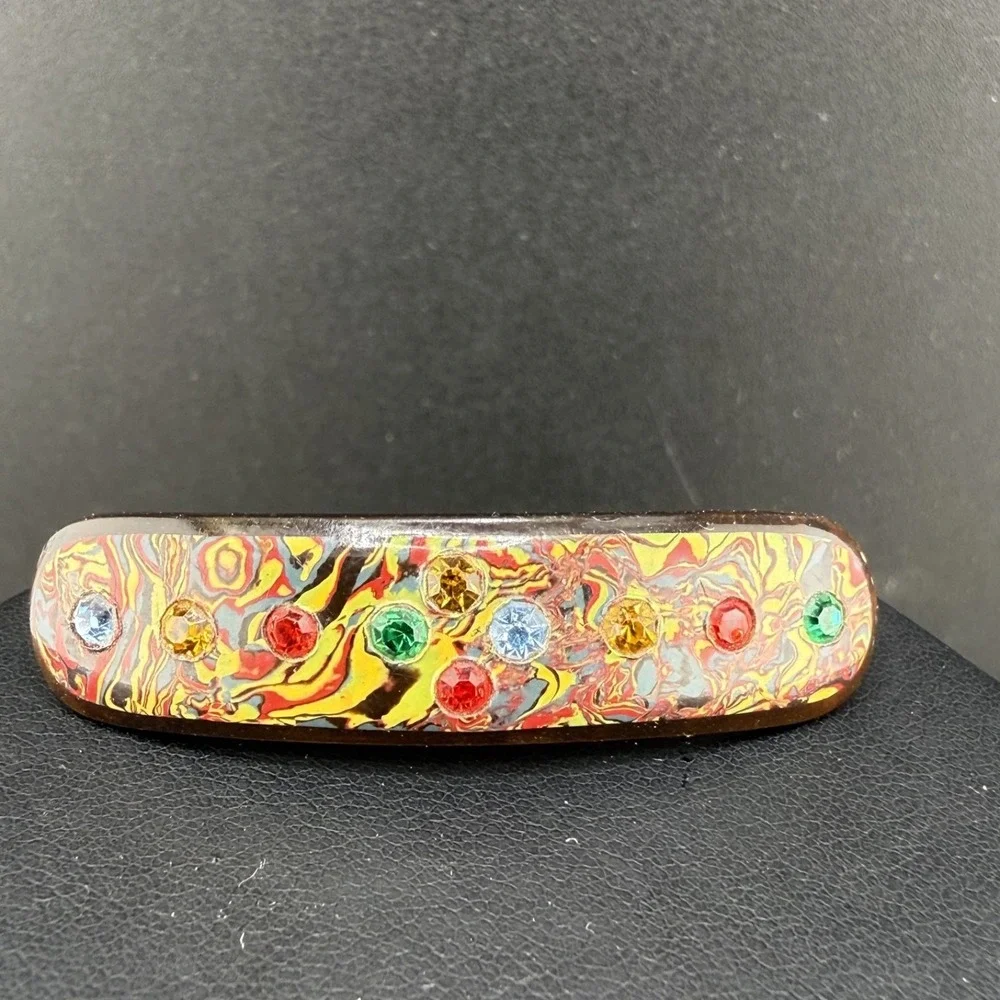 Vintage Rhinestone‎ Hair Barrette Swirl Rainbow Lucite